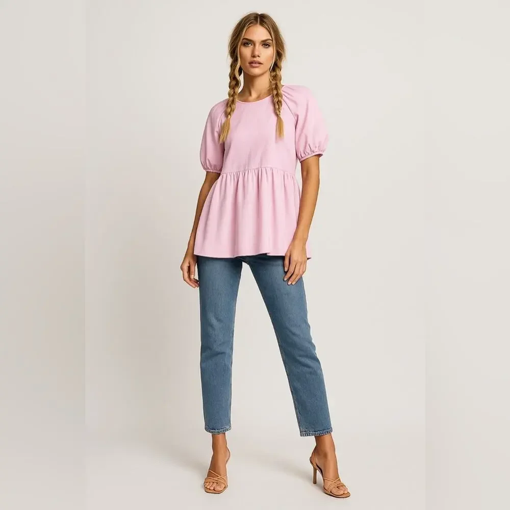 HILL HOUSE The Francesca Top Ballerina Pink High Low Short Sleeve Tunic Sm NEW - Picture 2 of 6